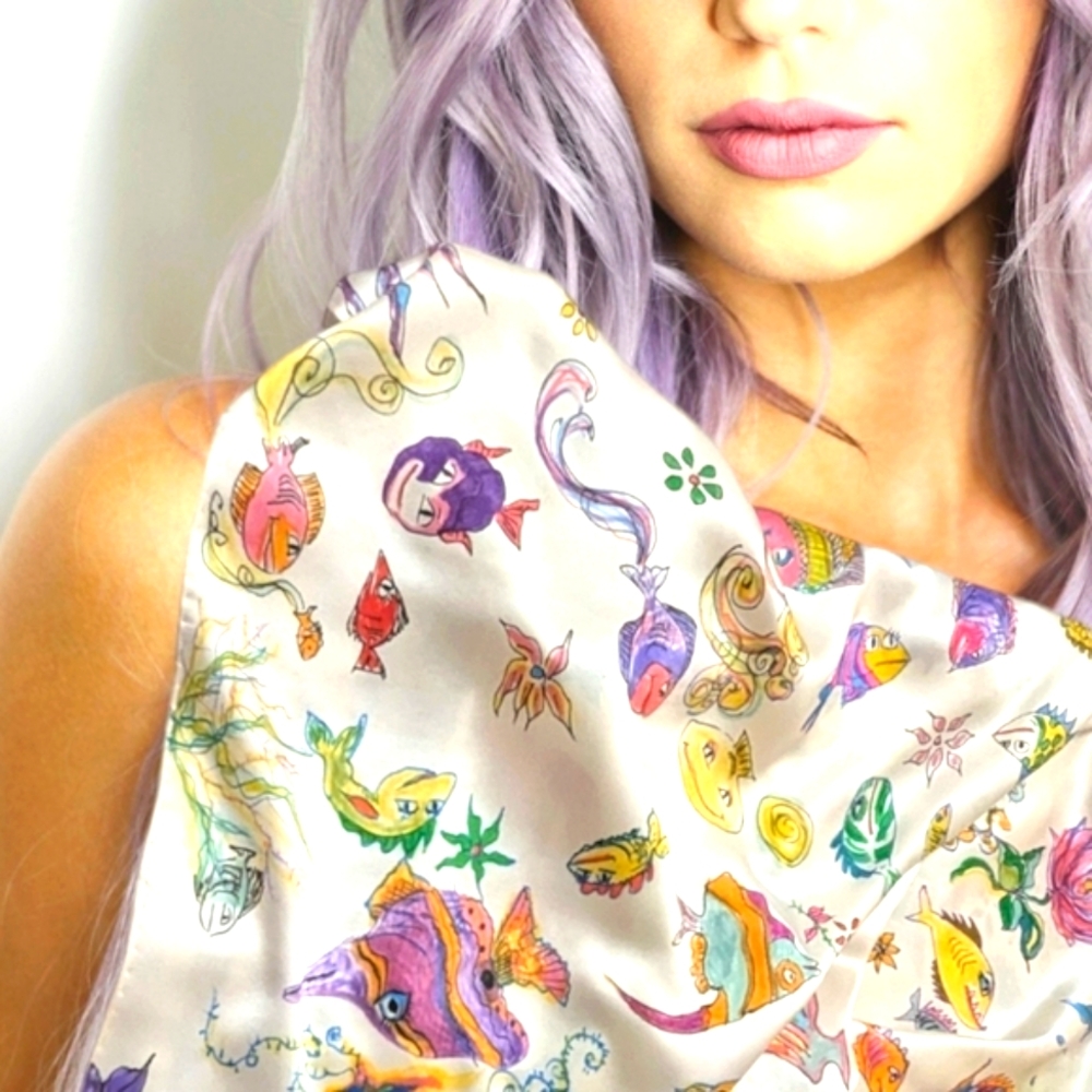 Hand painted signed silk/Satin scarf tropical fish one of a kind Original Spring - Picture 8 of 16
